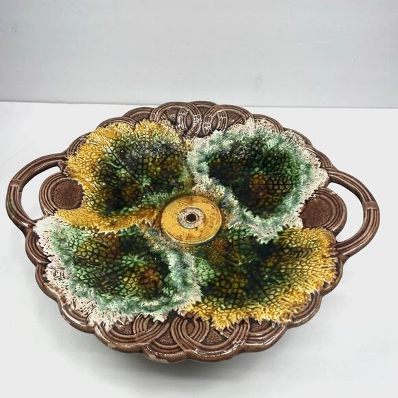 Rare Late 1800s Majolica Begonia Leaf Footed Compote w/Handles - Antique Display - Picture 3 of 7